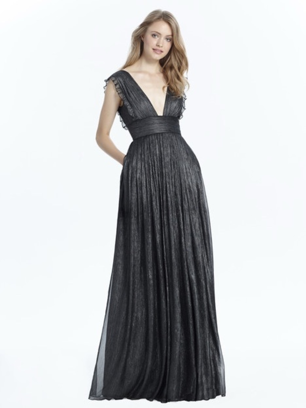 Monique Lhuillier Black Plunging V-Neck Pleated Maxi Gown